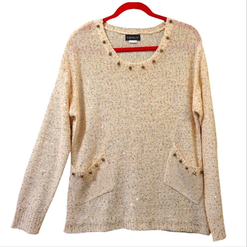 🆕️NWOT! Venus Lightweight Sparkly 🌟Cream&Gold Sweater w/ Studs✨️XL